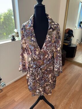 Zara Multicolor Paisley Blouse in Cream, Blue, Gold, size XL